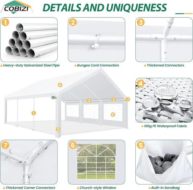 Alt view image 3 of 7 - 20x20 Outdoor Party Tent Heavy Duty Waterproof Canopy Shelter with 6 Sidewalls & 10 Church Windows, White Powder Coating, Built-in Sandbag Commercial Event Tents for Parties Wedding BBQ Patio