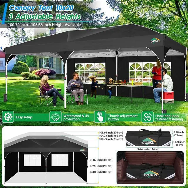Alt view image 4 of 7 - 10x20 Pop up Canopy Tent with 4 Sidewalls Outdoor Canopy Tent for Party with Push Center Lock & Air Vent, 2000mm+Waterproof Gazebo Canopy UPF 50+with 4 Sandbags,12 Stakes & 6 Ropes,Black