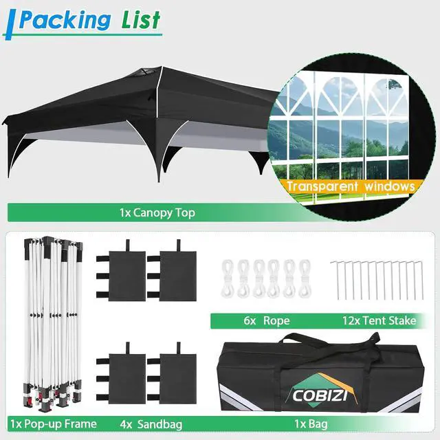 Alt view image 5 of 7 - 10x20 Pop up Canopy Tent with 4 Sidewalls Outdoor Canopy Tent for Party with Push Center Lock & Air Vent, 2000mm+Waterproof Gazebo Canopy UPF 50+with 4 Sandbags,12 Stakes & 6 Ropes,Black