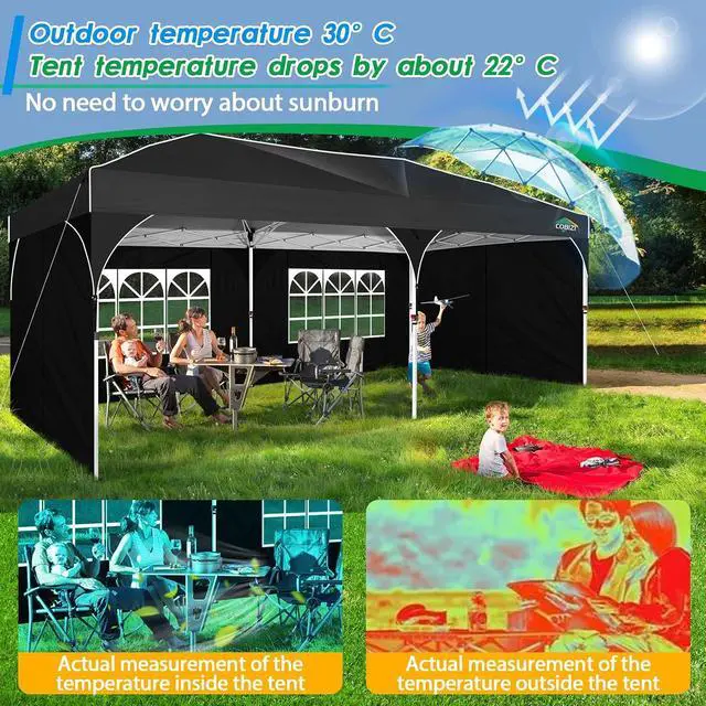 Alt view image 6 of 7 - 10x20 Pop up Canopy Tent with 4 Sidewalls Outdoor Canopy Tent for Party with Push Center Lock & Air Vent, 2000mm+Waterproof Gazebo Canopy UPF 50+with 4 Sandbags,12 Stakes & 6 Ropes,Black