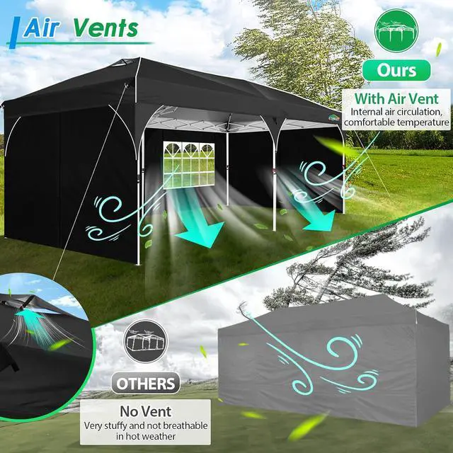 Alt view image 7 of 7 - 10x20 Pop up Canopy Tent with 4 Sidewalls Outdoor Canopy Tent for Party with Push Center Lock & Air Vent, 2000mm+Waterproof Gazebo Canopy UPF 50+with 4 Sandbags,12 Stakes & 6 Ropes,Black