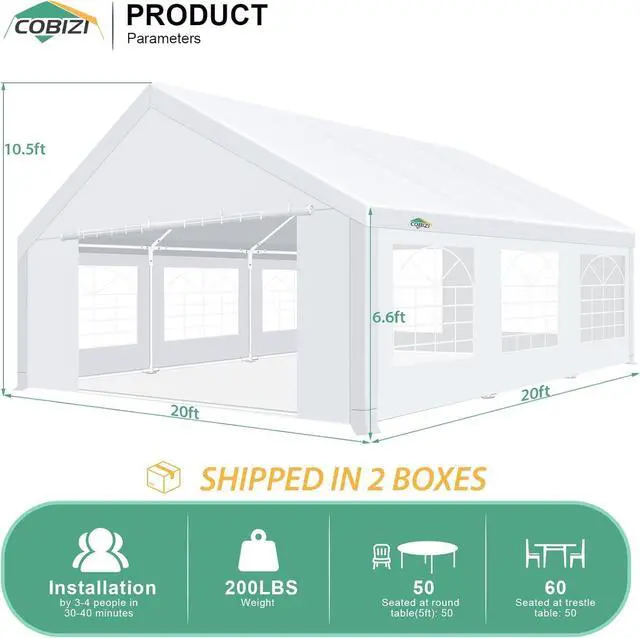Alt view image 6 of 7 - 20x20 Outdoor Party Tent Heavy Duty Waterproof Canopy Shelter with 6 Sidewalls & 10 Church Windows, White Powder Coating, Built-in Sandbag Commercial Event Tents for Parties Wedding BBQ Patio