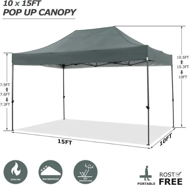 Alt view image 2 of 6 - 10x15 Pop up Canopy Tent Heavy Duty, Easy Set-up Commercial Outdoor Party Tent, 100% Waterproof Wedding Tents Gazebo, 3 Height Adjustable with Handbag, Gray