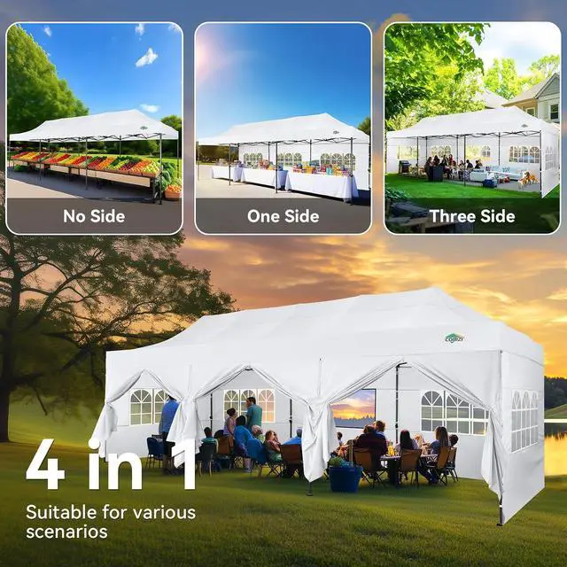 Alt view image 2 of 7 - 10x30 Pop up Canopy Tent Heavy Duty with 8 Sidewalls, Easy Set-up Commercial Outdoor Party Tent, 100% Waterproof Wedding Gazebo, 3 Height Adjustable with Wheeled Bag, Clean White