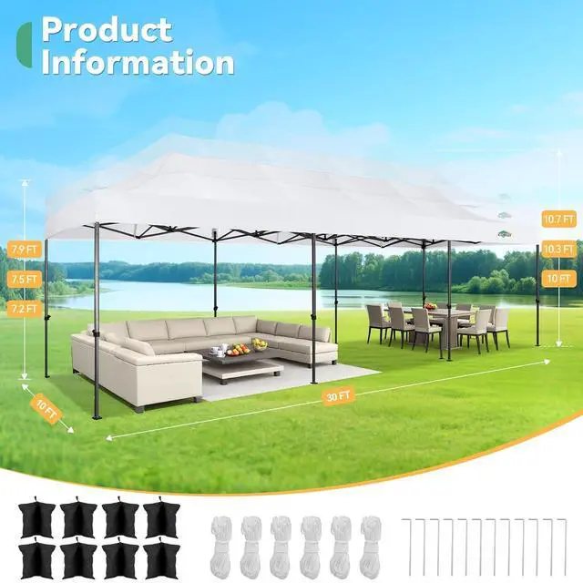 Alt view image 3 of 7 - 10x30 Pop up Canopy Tent Heavy Duty with 8 Sidewalls, Easy Set-up Commercial Outdoor Party Tent, 100% Waterproof Wedding Gazebo, 3 Height Adjustable with Wheeled Bag, Clean White