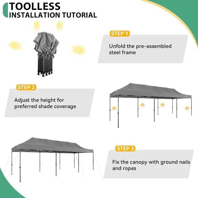 Alt view image 5 of 7 - 10x30 Pop up Canopy Tent Heavy Duty Without Sidewalls, Easy Set-up Commercial Outdoor Party Tents, 100% Waterproof Wedding Tent Gazebo, 3 Height Adjustable with Wheeled Bag, Gray