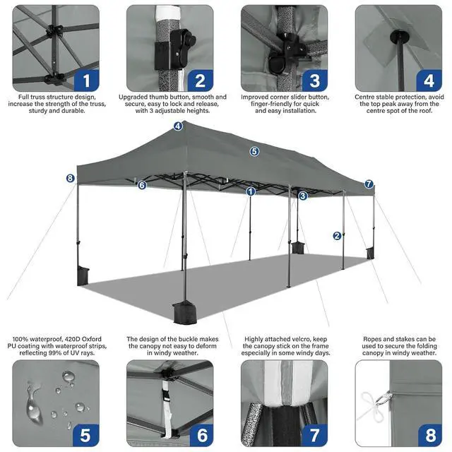 Alt view image 4 of 7 - 10x30 Pop up Canopy Tent Heavy Duty Without Sidewalls, Easy Set-up Commercial Outdoor Party Tents, 100% Waterproof Wedding Tent Gazebo, 3 Height Adjustable with Wheeled Bag, Gray