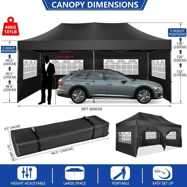 Alt view image 3 of 7 - Pop up Canopy Tent 10x20 Heavy Duty Gazebo with 6 Sidewalls, UPF 50+ All Weather Waterproof Commercial Outdoor Wedding Party Tents Canopy with Roller Bag, Black