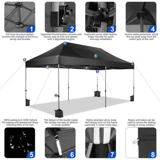 Alt view image 2 of 7 - Pop up Canopy Tent 10x20 Heavy Duty Gazebo with 6 Sidewalls, UPF 50+ All Weather Waterproof Commercial Outdoor Wedding Party Tents Canopy with Roller Bag, Black