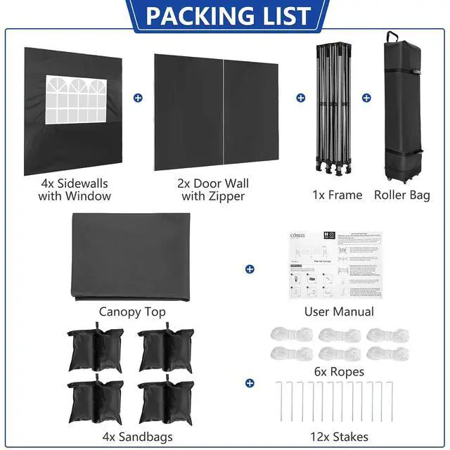 Alt view image 7 of 7 - Pop up Canopy Tent 10x20 Heavy Duty Gazebo with 6 Sidewalls, UPF 50+ All Weather Waterproof Commercial Outdoor Wedding Party Tents Canopy with Roller Bag, Black