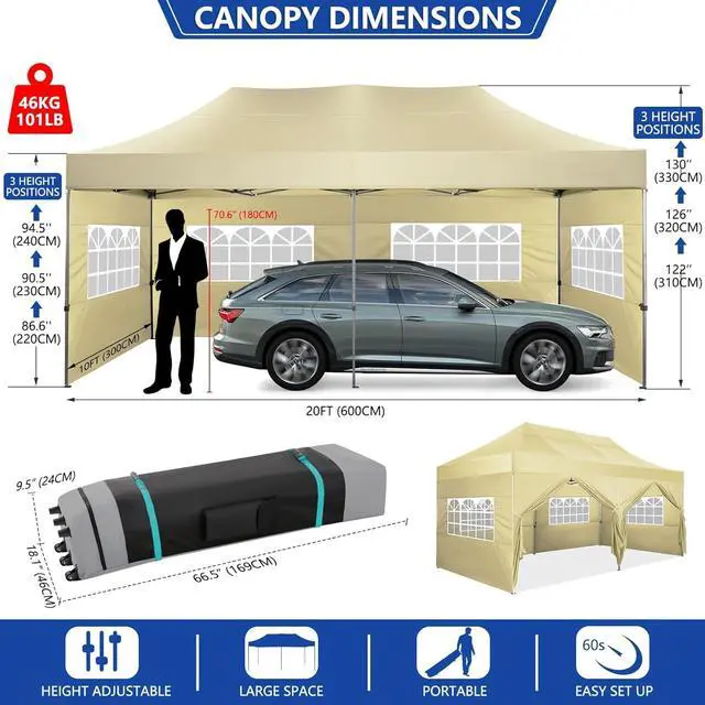 Alt view image 3 of 7 - 10x20 Pop up Canopy Tent Heavy Duty, Easy Set-up Commercial Outdoor Party Tent, 100% Waterproof Wedding Tents Gazebo, 3 Height Adjustable with Wheeled Bag, Khaki
