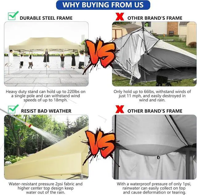 Alt view image 4 of 7 - 10x20 Pop up Canopy Tent Heavy Duty, Easy Set-up Commercial Outdoor Party Tent, 100% Waterproof Wedding Tents Gazebo, 3 Height Adjustable with Wheeled Bag, Khaki