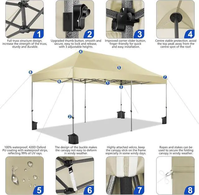 Alt view image 2 of 7 - 10x20 Pop up Canopy Tent Heavy Duty, Easy Set-up Commercial Outdoor Party Tent, 100% Waterproof Wedding Tents Gazebo, 3 Height Adjustable with Wheeled Bag, Khaki