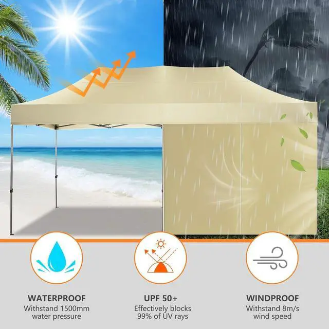 Alt view image 5 of 7 - 10x20 Pop up Canopy Tent Heavy Duty, Easy Set-up Commercial Outdoor Party Tent, 100% Waterproof Wedding Tents Gazebo, 3 Height Adjustable with Wheeled Bag, Khaki