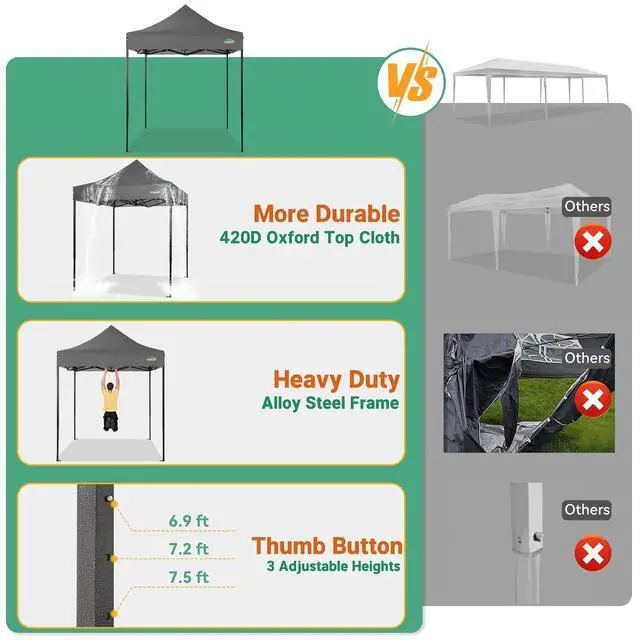 Alt view image 3 of 7 - 10x10 Heavy Duty Pop Up Canopy Tent with 4 Sidewalls Thicken Frame, Commercial Easy Up Outdoor Wedding Party Tents, All Season Waterproof Windproof with Stakes Sandbags Ropes Roller Bag, Fog