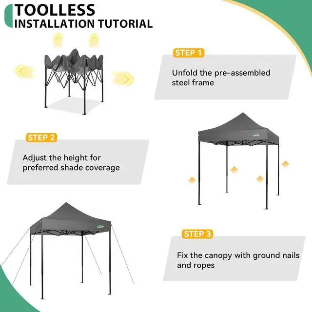 Alt view image 4 of 7 - 6.6x6.6 Heavy Duty Pop up Canopy Tent Without Sidewalls, Easy Set-up Commercial Outdoor Party Tent, 100% Waterproof Wedding Canopy Gazebo, 3 Height Adjustable with Carry Bag, Gray