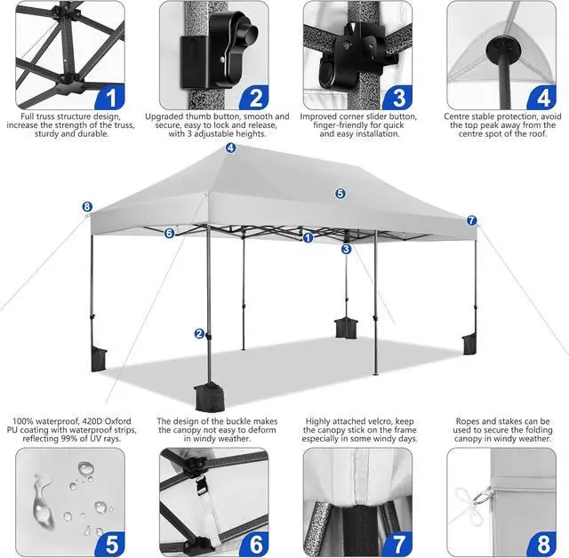 Alt view image 2 of 7 - 10x20 Pop up Canopy Tent Heavy Duty, Easy Set-up Commercial Outdoor Party Tents, 100% Waterproof Wedding Gazebo, 3 Height Adjustable with Wheeled Bag, White