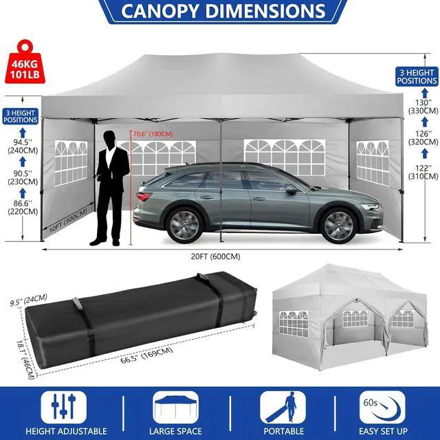 Alt view image 3 of 7 - 10x20 Pop up Canopy Tent Heavy Duty, Easy Set-up Commercial Outdoor Party Tents, 100% Waterproof Wedding Gazebo, 3 Height Adjustable with Wheeled Bag, White