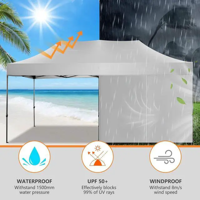 Alt view image 5 of 7 - 10x20 Pop up Canopy Tent Heavy Duty, Easy Set-up Commercial Outdoor Party Tents, 100% Waterproof Wedding Gazebo, 3 Height Adjustable with Wheeled Bag, White