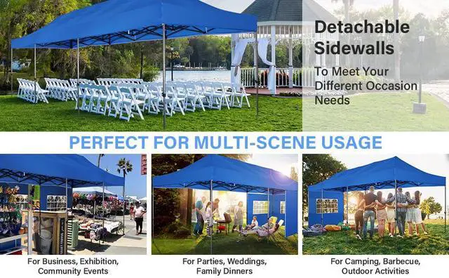 Alt view image 4 of 5 - 10x30 Pop up Canopy Tent Heavy Duty with 8 Sidewalls, Easy Set-up Commercial Outdoor Party Tent, 100% Waterproof Wedding Gazebo, 3 Height Adjustable with Wheeled Bag, Blue