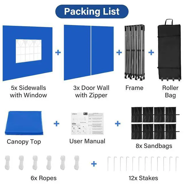 Alt view image 5 of 5 - 10x30 Pop up Canopy Tent Heavy Duty with 8 Sidewalls, Easy Set-up Commercial Outdoor Party Tent, 100% Waterproof Wedding Gazebo, 3 Height Adjustable with Wheeled Bag, Blue