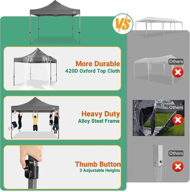 Alt view image 2 of 7 - 10x10 Pop up Canopy Tent Heavy Duty, Easy Set-up Commercial Outdoor Party Tent, 100% Waterproof Wedding Tents Gazebo, 3 Height Adjustable with Wheeled Bag, Gray