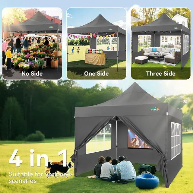 Alt view image 3 of 7 - 10x10 Pop up Canopy Tent Heavy Duty, Easy Set-up Commercial Outdoor Party Tent, 100% Waterproof Wedding Tents Gazebo, 3 Height Adjustable with Wheeled Bag, Gray