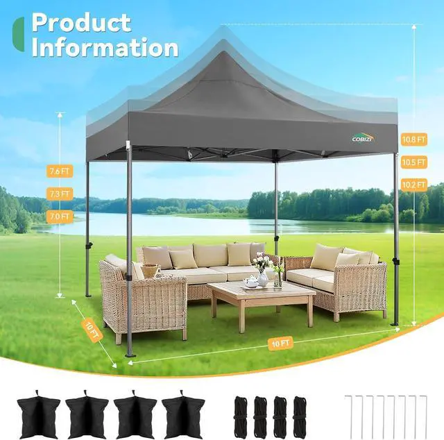 Alt view image 4 of 7 - 10x10 Pop up Canopy Tent Heavy Duty, Easy Set-up Commercial Outdoor Party Tent, 100% Waterproof Wedding Tents Gazebo, 3 Height Adjustable with Wheeled Bag, Gray