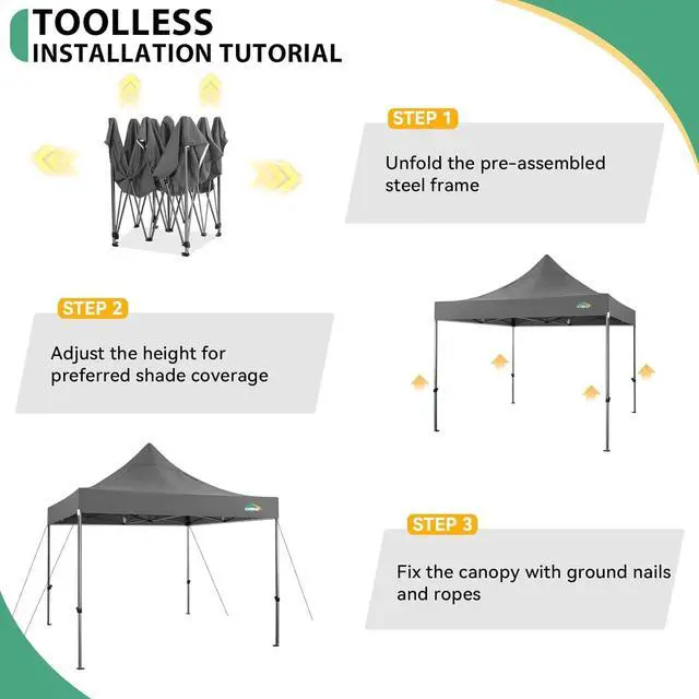 Alt view image 5 of 7 - 10x10 Pop up Canopy Tent Heavy Duty, Easy Set-up Commercial Outdoor Party Tent, 100% Waterproof Wedding Tents Gazebo, 3 Height Adjustable with Wheeled Bag, Gray