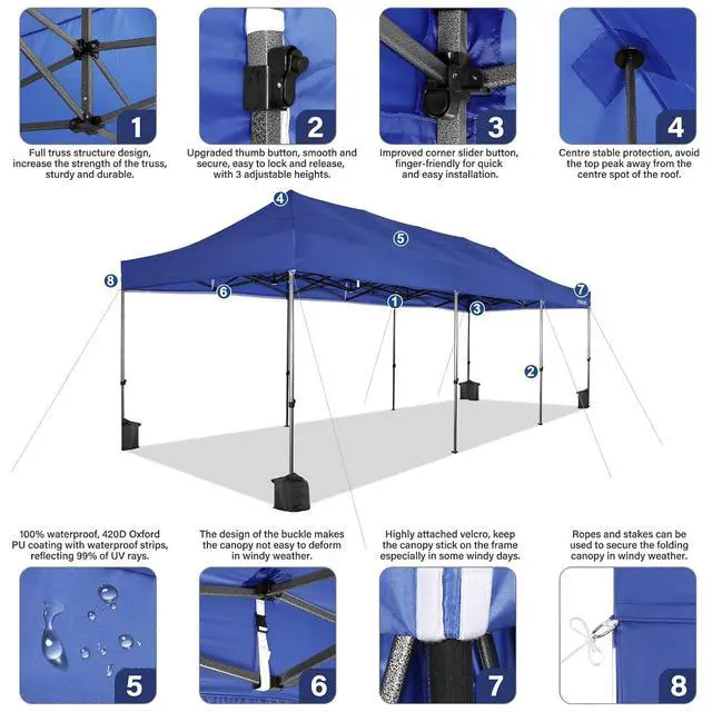Alt view image 2 of 5 - Pop up Canopy Tent 10x30 Heavy Duty Gazebo with 8 Sidewalls, UPF 50+ All Weather Waterproof Commercial Outdoor Wedding Party Tents Canopy with Roller Bag, Dark Blue