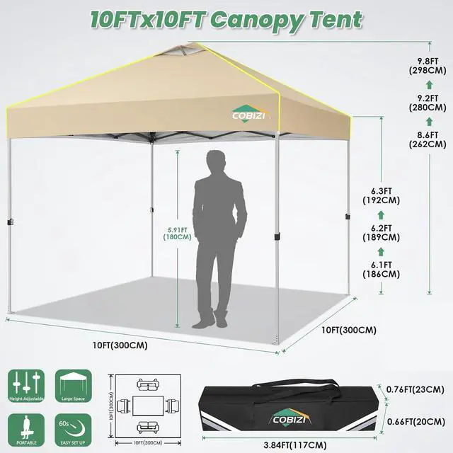 Alt view image 3 of 7 - 10x10 Pop Up Canopy Tent Without Removable Sidewalls, One Push Party Tent Outdoor Waterproof Event Canopy with Air Vent for Parties Commercial Wedding, 3 Height, Carry Bag, Sandbag, Khaki