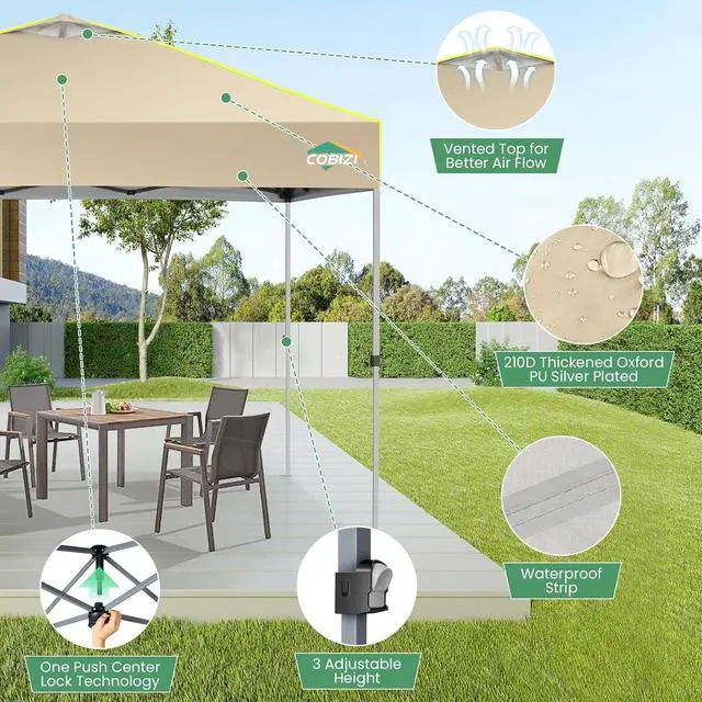 Alt view image 5 of 7 - 10x10 Pop Up Canopy Tent Without Removable Sidewalls, One Push Party Tent Outdoor Waterproof Event Canopy with Air Vent for Parties Commercial Wedding, 3 Height, Carry Bag, Sandbag, Khaki