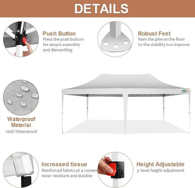 Alt view image 4 of 7 - 10×20 Pop-Up Canopy Easy Setup Gazebo with Elevated Frame, White