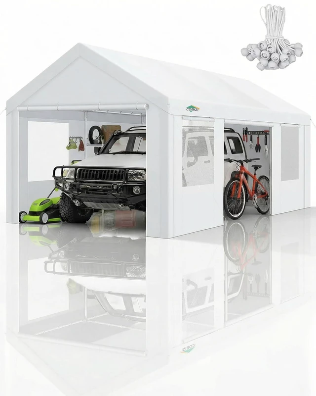 Main image of 12x20 FT Heavy Duty Carport with Galvanized Frame, Carport Canopy with Roll-up Windows, Storage Tent with Removable Sidewalls & Doors, Built-in Sandbags for Car Boat Truck, White