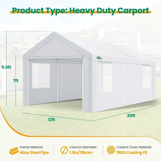 Alt view image 2 of 7 - 12x20 FT Heavy Duty Carport with Galvanized Frame, Carport Canopy with Roll-up Windows, Storage Tent with Removable Sidewalls & Doors, Built-in Sandbags for Car Boat Truck, White