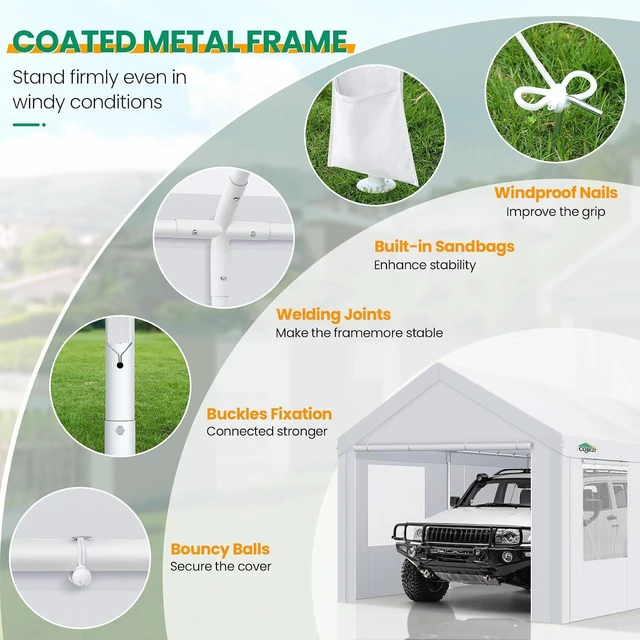 Alt view image 5 of 7 - 12x20 FT Heavy Duty Carport with Galvanized Frame, Carport Canopy with Roll-up Windows, Storage Tent with Removable Sidewalls & Doors, Built-in Sandbags for Car Boat Truck, White