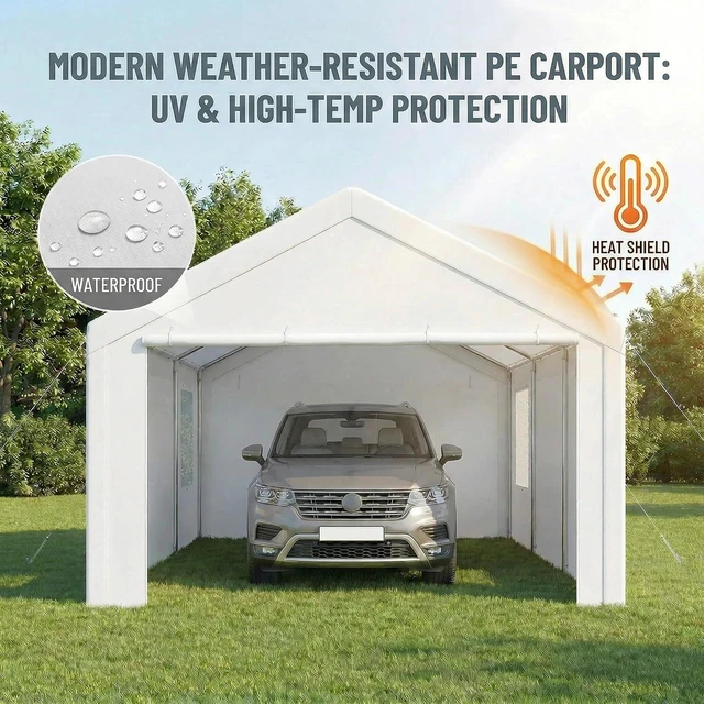 Alt view image 3 of 7 - 12x20 FT Heavy Duty Carport with Galvanized Frame, Carport Canopy with Roll-up Windows, Storage Tent with Removable Sidewalls & Doors, Built-in Sandbags for Car Boat Truck, White