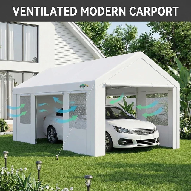 Alt view image 4 of 7 - 12x20 FT Heavy Duty Carport with Galvanized Frame, Carport Canopy with Roll-up Windows, Storage Tent with Removable Sidewalls & Doors, Built-in Sandbags for Car Boat Truck, White