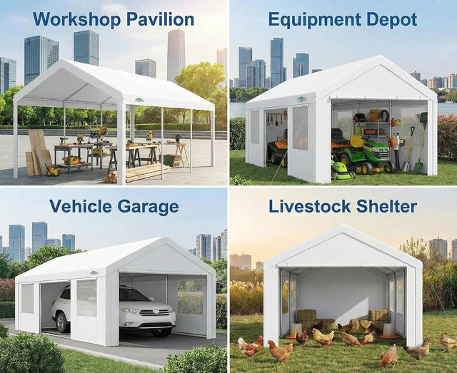 Alt view image 7 of 7 - 12x20 FT Heavy Duty Carport with Galvanized Frame, Carport Canopy with Roll-up Windows, Storage Tent with Removable Sidewalls & Doors, Built-in Sandbags for Car Boat Truck, White