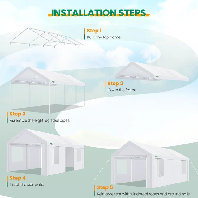 Alt view image 6 of 7 - 12x20 FT Heavy Duty Carport with Galvanized Frame, Carport Canopy with Roll-up Windows, Storage Tent with Removable Sidewalls & Doors, Built-in Sandbags for Car Boat Truck, White