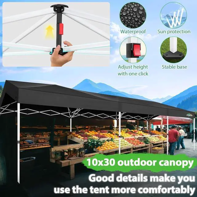 Alt view image 2 of 7 - 10x30 Party Tent with Wheeled Bag 10x30 Pop up Canopy with One-Push Setup, Outdoor Canopy with 3 Sidewalls Gazebo Event Shelter for Wedding Commercial with Sandbags,Waterproof & UPF50+, Black