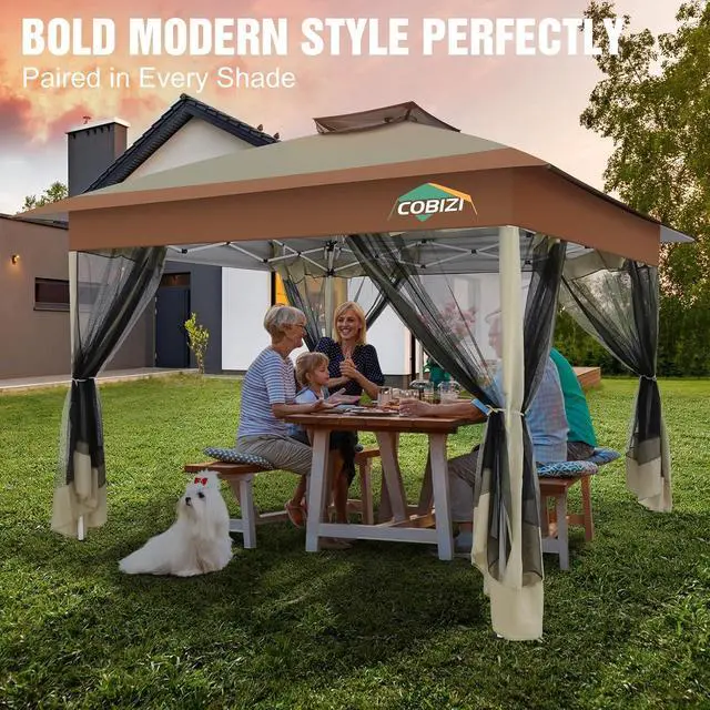 Alt view image 5 of 7 - 13x13 Pop Up Canopy Tent-Gazebos On Clearance Upgrade Metal Outdoor Canopy Waterproof - Portable Gazebo with Mosquito Nettings, 4 Ropes 8 Stakes and Carry Bag for Patio Garden(Khaki)