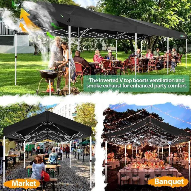 Alt view image 4 of 7 - 10x30 Party Tent with Wheeled Bag 10x30 Pop up Canopy with One-Push Setup, Outdoor Canopy with 3 Sidewalls Gazebo Event Shelter for Wedding Commercial with Sandbags,Waterproof & UPF50+, Black
