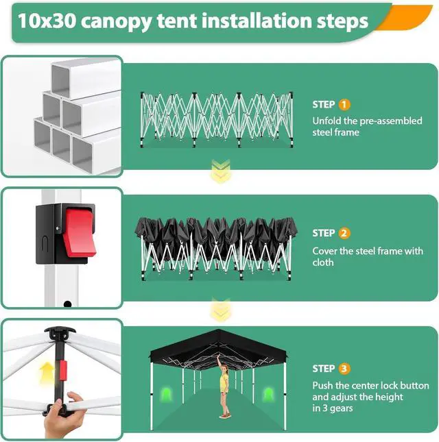 Alt view image 6 of 7 - 10x30 Party Tent with Wheeled Bag 10x30 Pop up Canopy with One-Push Setup, Outdoor Canopy with 3 Sidewalls Gazebo Event Shelter for Wedding Commercial with Sandbags,Waterproof & UPF50+, Black