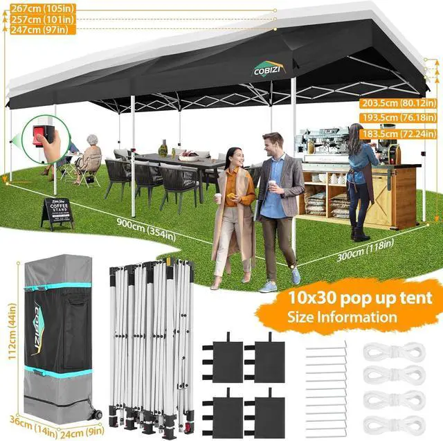 Alt view image 7 of 7 - 10x30 Party Tent with Wheeled Bag 10x30 Pop up Canopy with One-Push Setup, Outdoor Canopy with 3 Sidewalls Gazebo Event Shelter for Wedding Commercial with Sandbags,Waterproof & UPF50+, Black