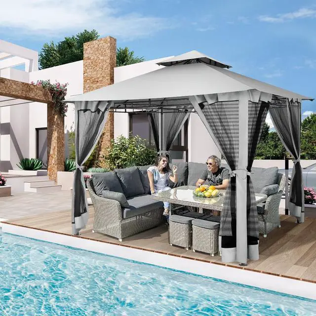 Alt view image 2 of 7 - Gazebo 10x10 Heavy Duty Gazebos with Improved Nettings Outdoor Gazebo Double Roof Patio Gazebos with Metal Steel Frame Outdoor Canopy for Patio, Deck, Backyard (Gray)