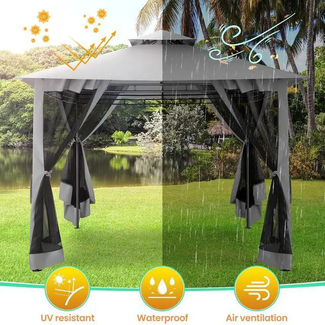 Alt view image 3 of 7 - Gazebo 10x10 Heavy Duty Gazebos with Improved Nettings Outdoor Gazebo Double Roof Patio Gazebos with Metal Steel Frame Outdoor Canopy for Patio, Deck, Backyard (Gray)