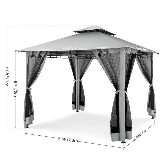 Alt view image 4 of 7 - Gazebo 10x10 Heavy Duty Gazebos with Improved Nettings Outdoor Gazebo Double Roof Patio Gazebos with Metal Steel Frame Outdoor Canopy for Patio, Deck, Backyard (Gray)