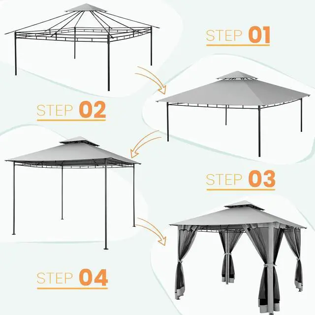 Alt view image 6 of 7 - Gazebo 10x10 Heavy Duty Gazebos with Improved Nettings Outdoor Gazebo Double Roof Patio Gazebos with Metal Steel Frame Outdoor Canopy for Patio, Deck, Backyard (Gray)