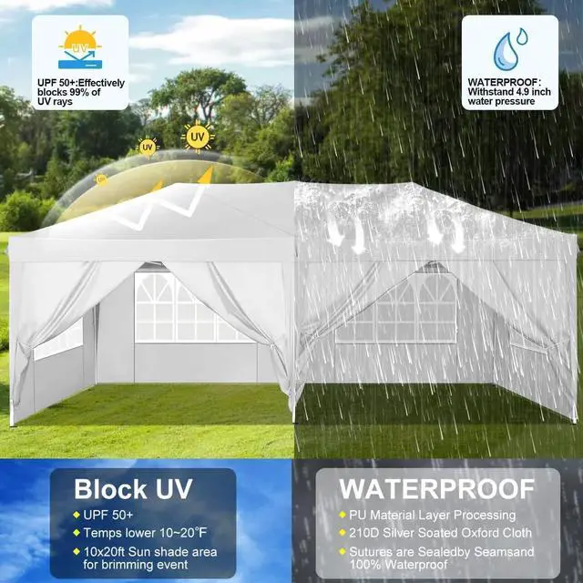 Alt view image 4 of 7 - 10x20 One Push Easy Up Pop Up Canopy Tent with 6 Sidewalls, White